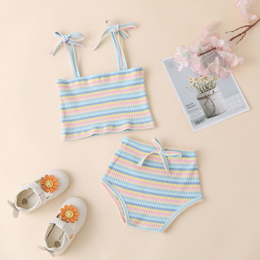 two-piece set ins style children's summer new product color pit striped sling +   shorts