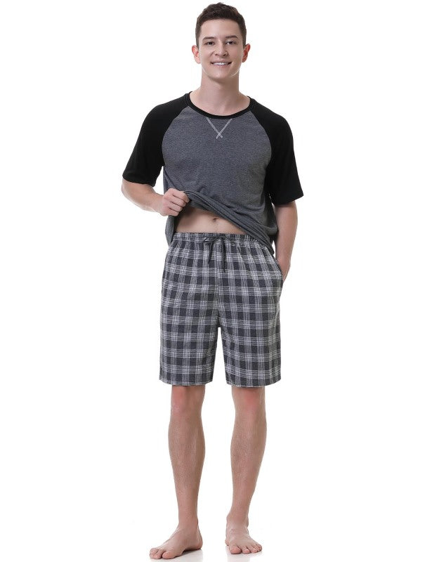 Men's Cotton Raglan Sleeve Contrast Short Sleeve Shorts Pajama Set