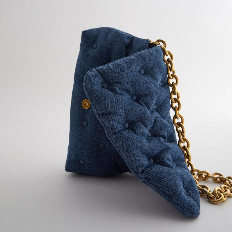 Dark Blue Denim Thick Metal Chain Shoulder Bag Women Winter Retro Large Capacity Buttons Soft Square Handbag Fashion Casual