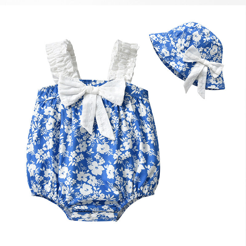 Baby Clothes Summer Girl Baby Blue And White Porcelain Print Sling One-Piece Romper Girl Bow Triangle Bag Fart