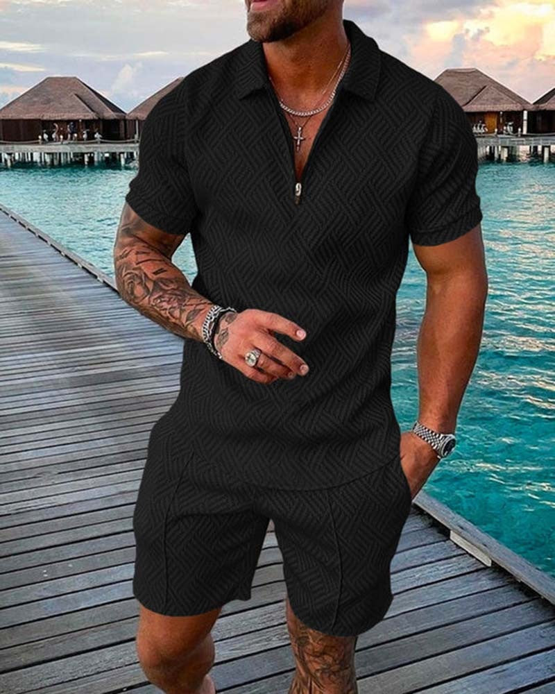 New Men's Fashion Casual Suit 3D Print Zip Short Sleeve Polo Shirt Shorts 2 Piece Set