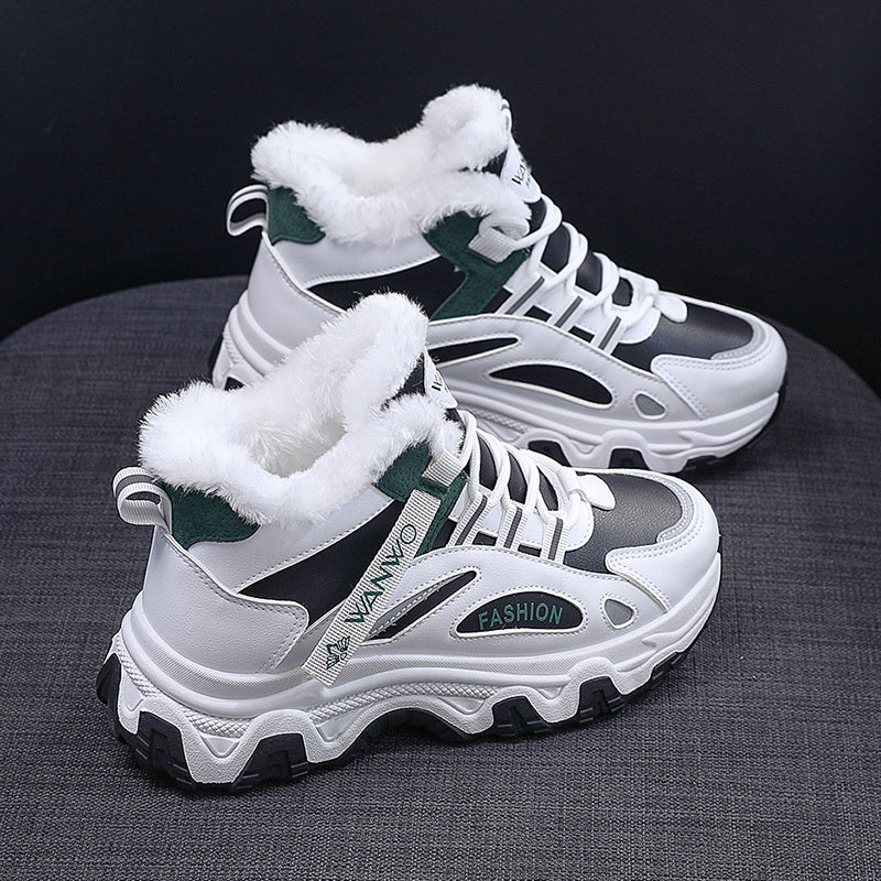 Women's Casual Sneakers, Color-block Thick Sole Chunky Sneakers, Warm Plush Lined Anti-slip Running Shoes