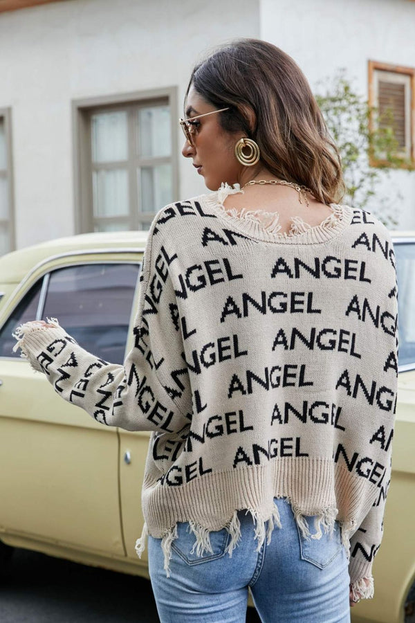 ANGEL Distressed V-Neck Dropped Shoulder Sweater