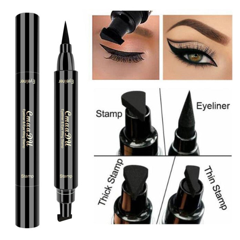 Cmaadu 2 In1 Stamp Seal Eyeliner Pen Waterproof Liquid Eyeliner Pencil Long Lasting Quick Dry Natural Make Up Black Liner