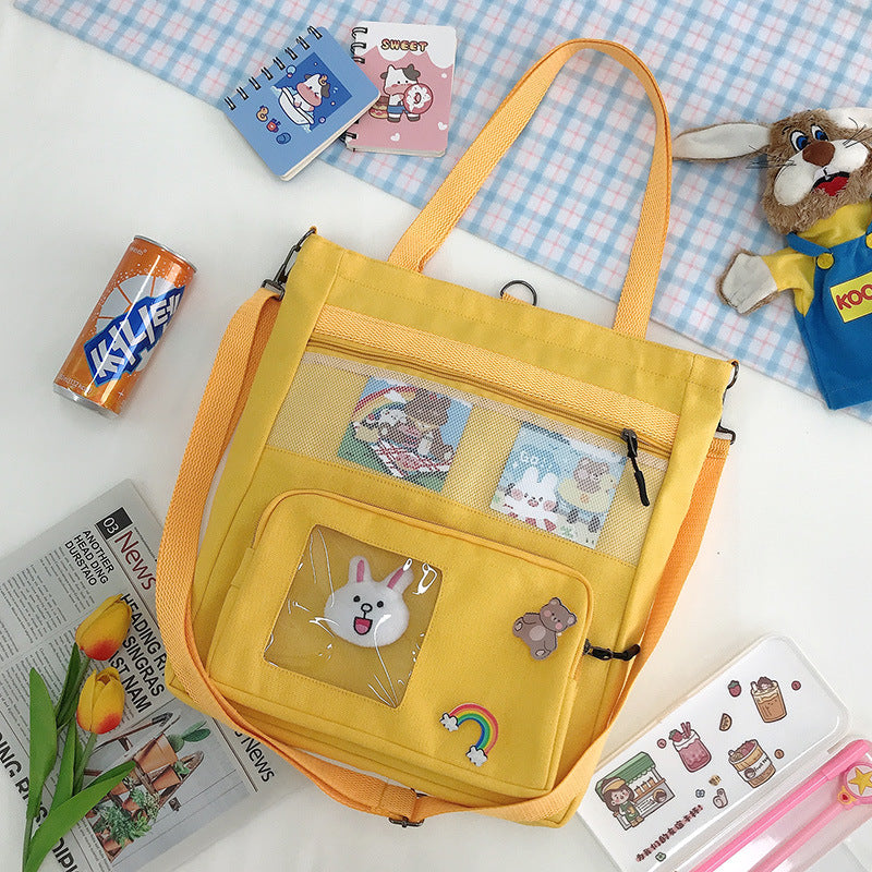 Korean Version Of The Small Fresh Spring Canvas Bag Cute Rabbit Head Pendant Backpack Student Supplementary Bag Large-Capacity Messenger Bag