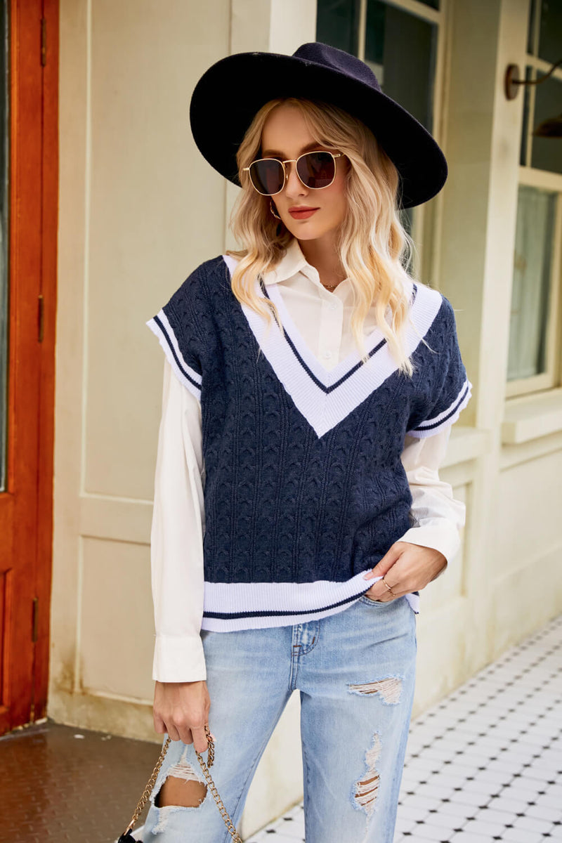 Contrast V-Neck Cap Sleeve Sweater Vest