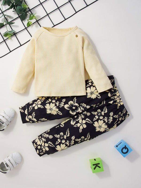 Girls Waffle Top and Floral Pants Set