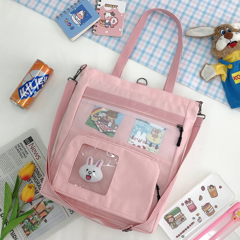 Korean Version Of The Small Fresh Spring Canvas Bag Cute Rabbit Head Pendant Backpack Student Supplementary Bag Large-Capacity Messenger Bag