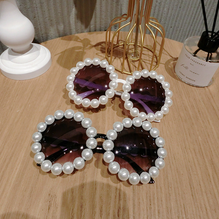 Retro Round Sunglasses Women's Trendy Elegant Pearl Inlaid Sunglasses Net Red Star With UV Protection