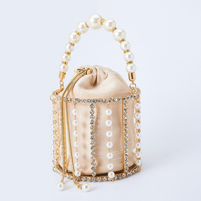 Rhinestone Evening Pearl Clutch Bag Women Luxury Handmade Diamond Beaded Bucket Purses and Handbags Bridal Wedding Party Sweet