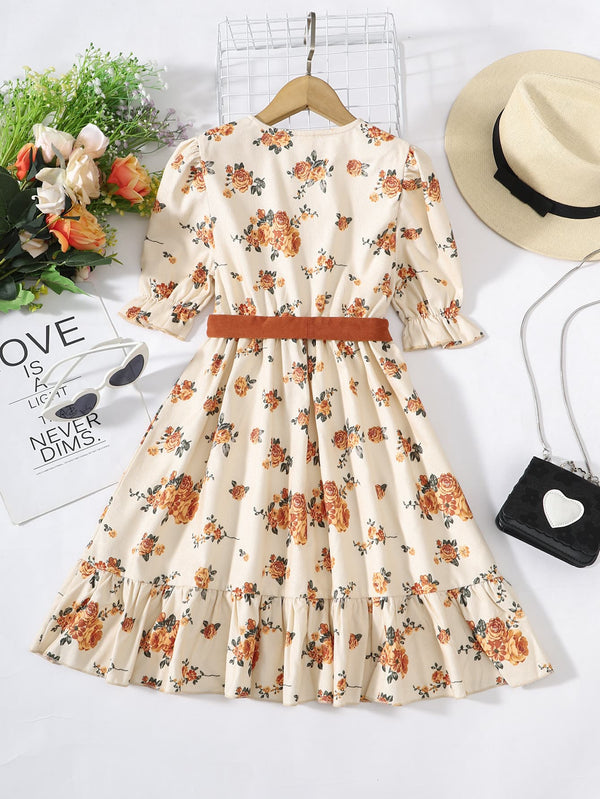 Girls Floral Tied Puff Sleeve Dress