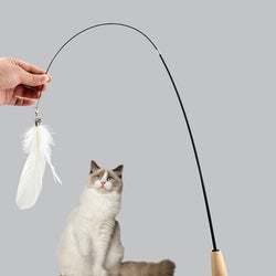 New Pet Products Wood Handle Carbon Fiber Rod Two Section Telescopic Cat Stick Monochrome Feather Bell Cat Toy