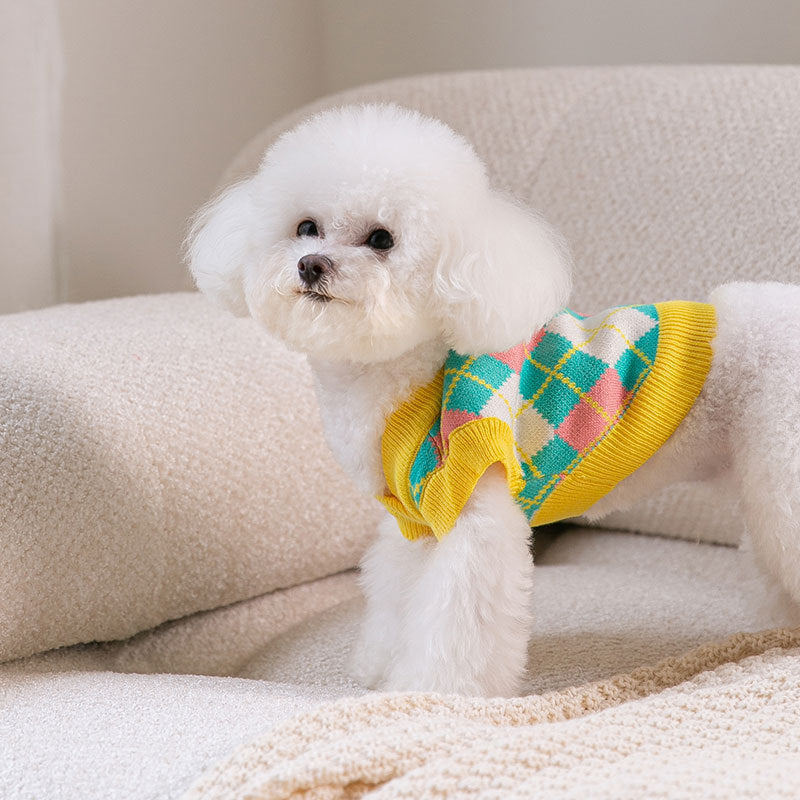 Dog Clothes In Autumn And Winter Colorful Diamond Knitted Sweater Cat Ins Vest Small And Medium-Sized Dog Pet Clothes