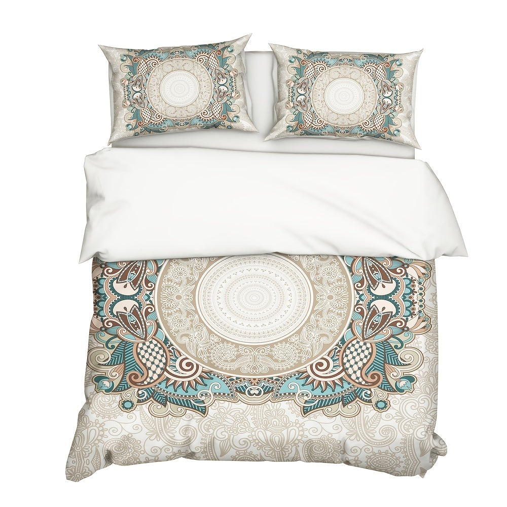 3pcs Brushed Duvet Cover (1 Duvet Cover + 2 Pillowcase), Geometric Flower Print Bedding Set