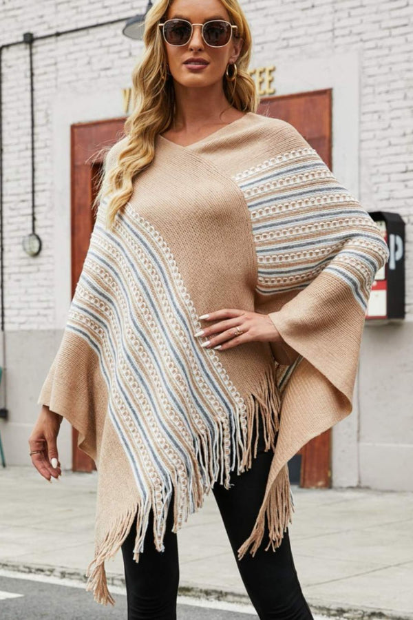 Striped Asymmetrical Fringe Hem Poncho