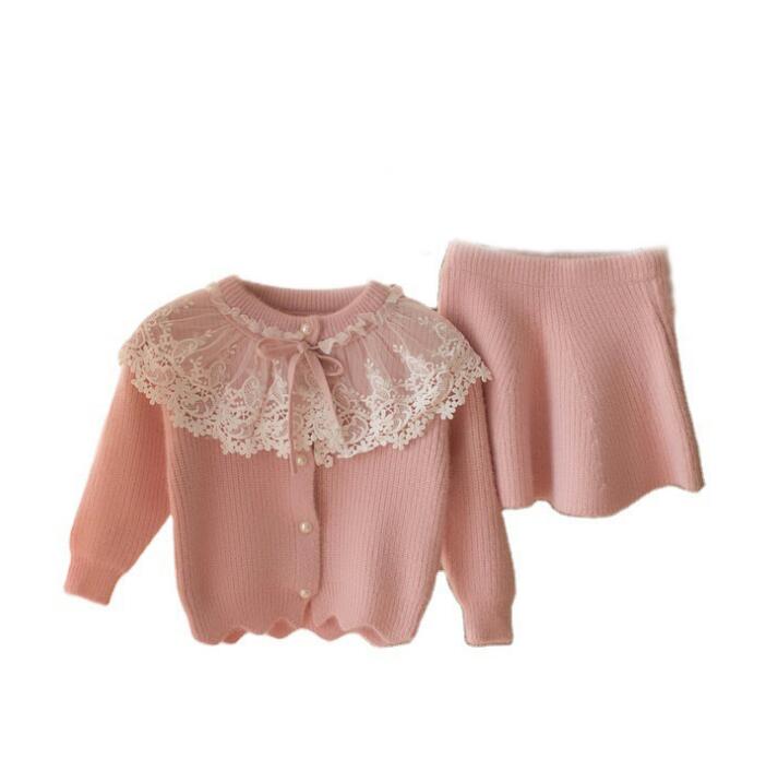 Autumn Winter Children's Sweater Set Girls' Lace Solid Color Long Sweater +Short Skirt 2PCS Girls Clothes Suit