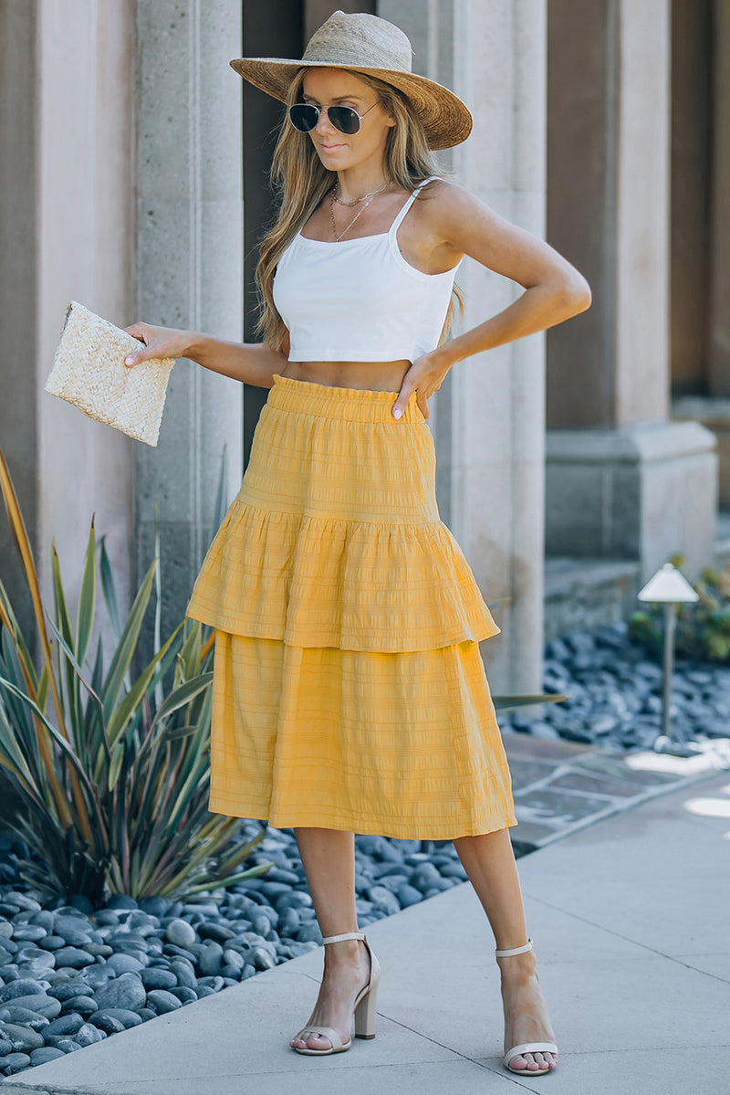 Textured Elastic Waist Layered Midi Skirt