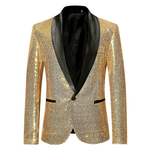 Black Sequin One Button Shawl Collar Suit Jacket Men Bling Glitter Nightclub Prom DJ Blazer Jacket Men Stage Clothes for Singers