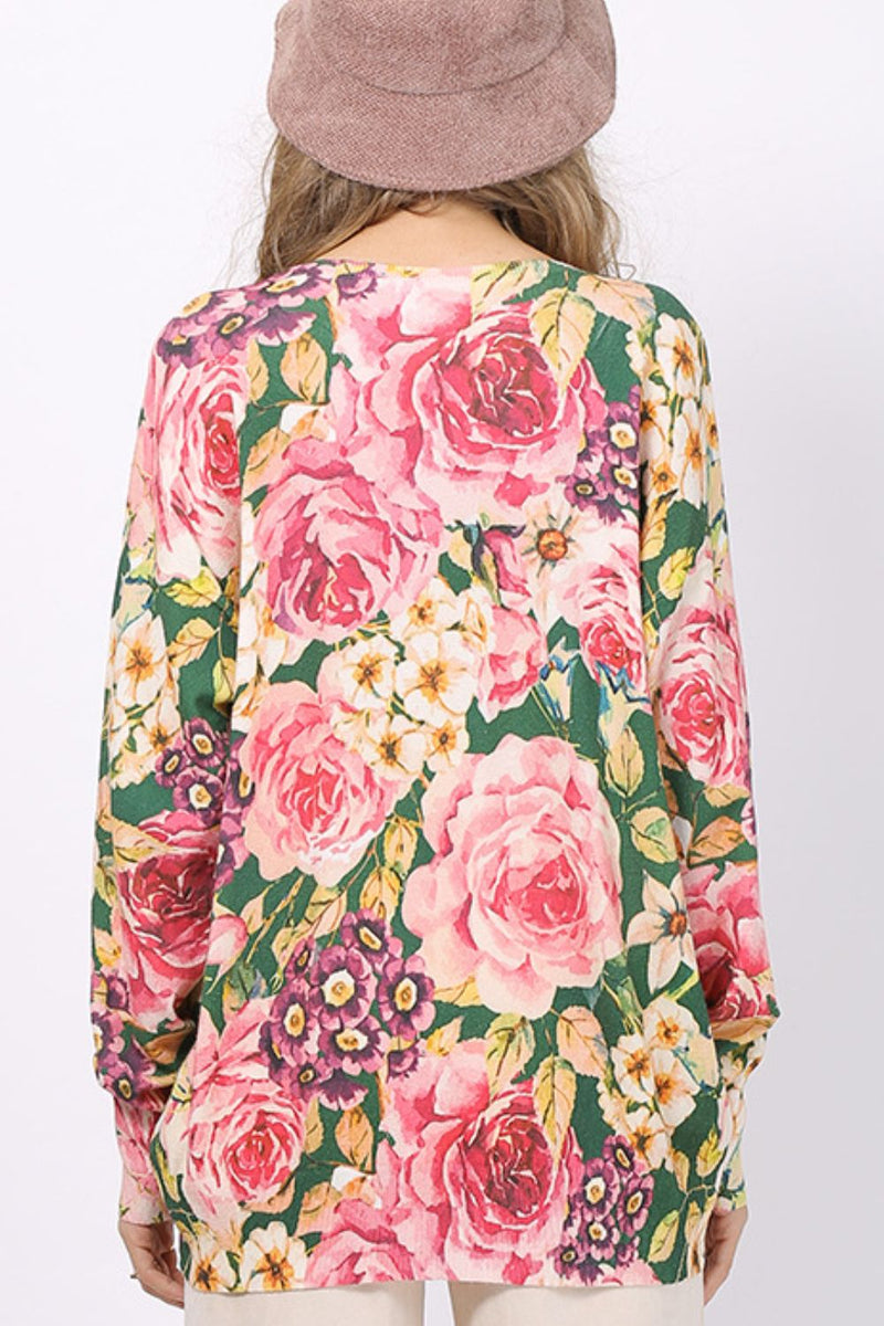 Floral Round Neck Ribbed Top