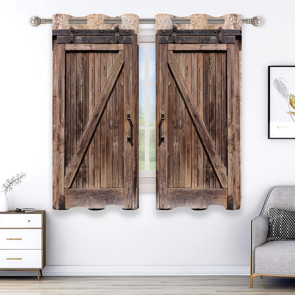 2pcs Rustic Curtain, Wooden Door Pattern Curtain For Bathroom, Living Room, Bedroom, Window Curtains, Home Decoration