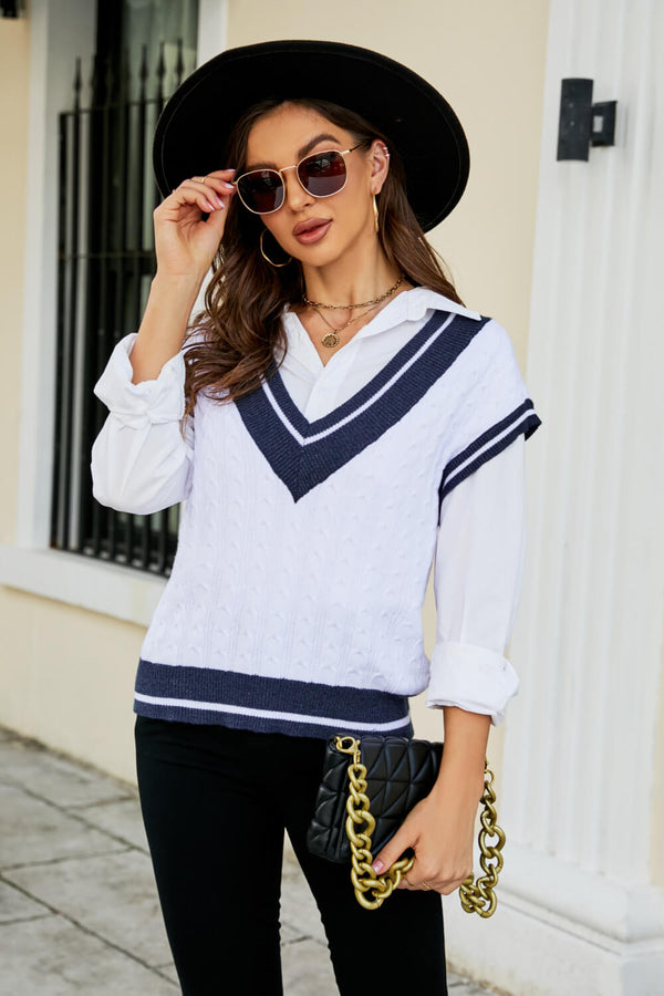 Contrast V-Neck Cap Sleeve Sweater Vest