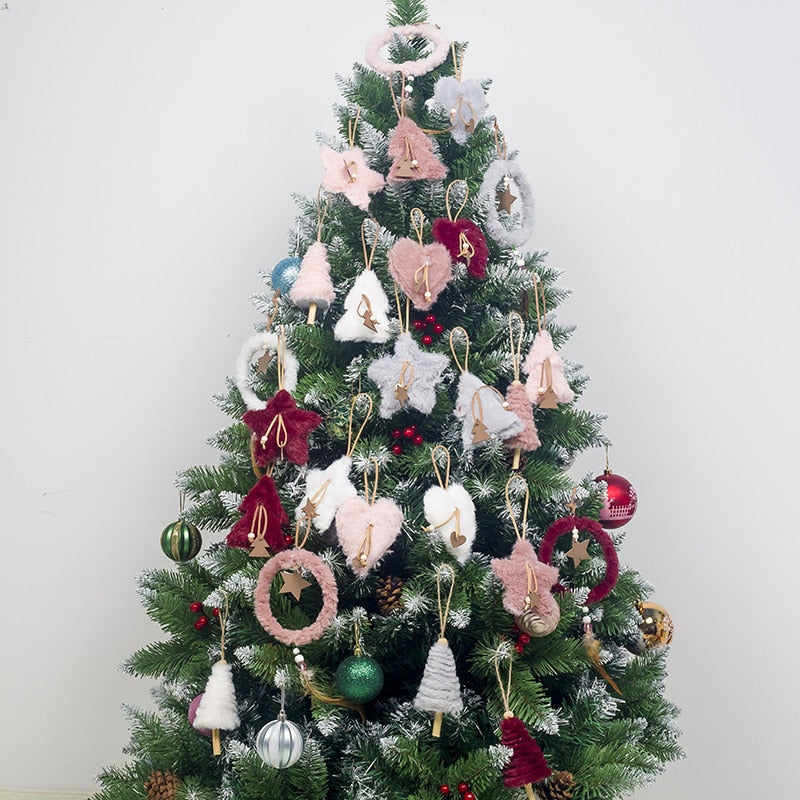 5pcs/set Creative Plush Christmas Tree Hanging Pendant Pink White Heart Star Feather Ornament Christmas Decoration for Home Xmas