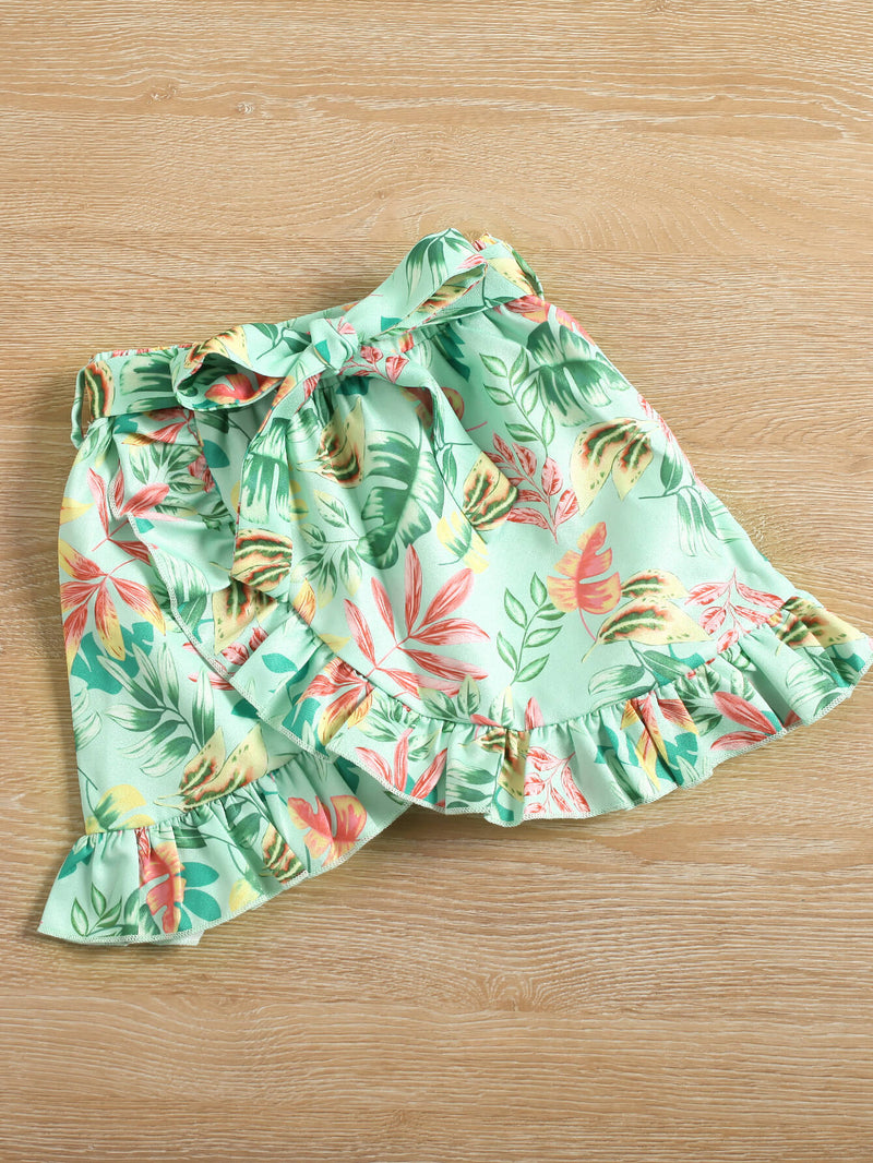 Girls Graphic Cold-Shoulder Ribbed Top and Botanical Print Skirt Set