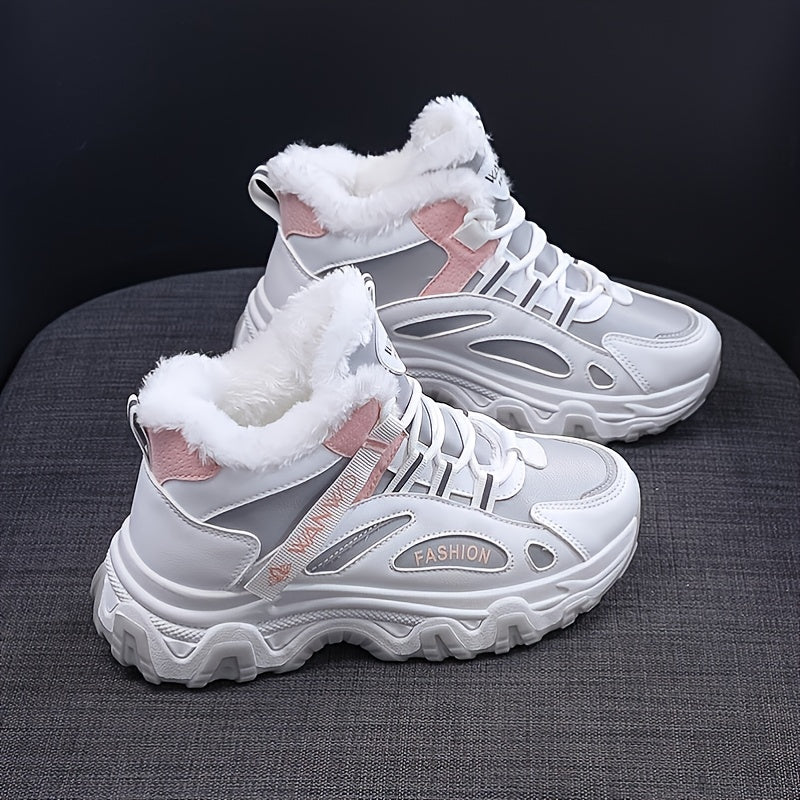 Women's Casual Sneakers, Color-block Thick Sole Chunky Sneakers, Warm Plush Lined Anti-slip Running Shoes