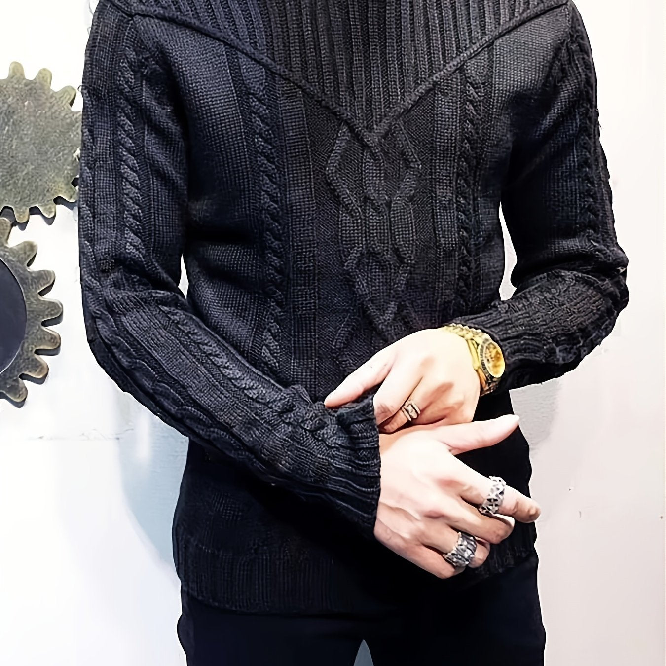 Men's Casual Black Ribbed Knit Pullover Sweater For Winter