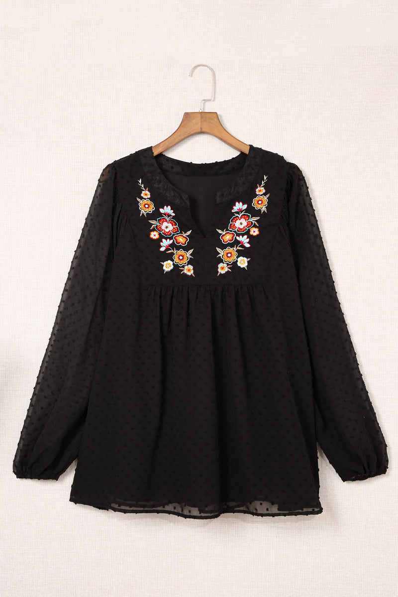 Plus Size Floral Embroidered Swiss Dot Blouse