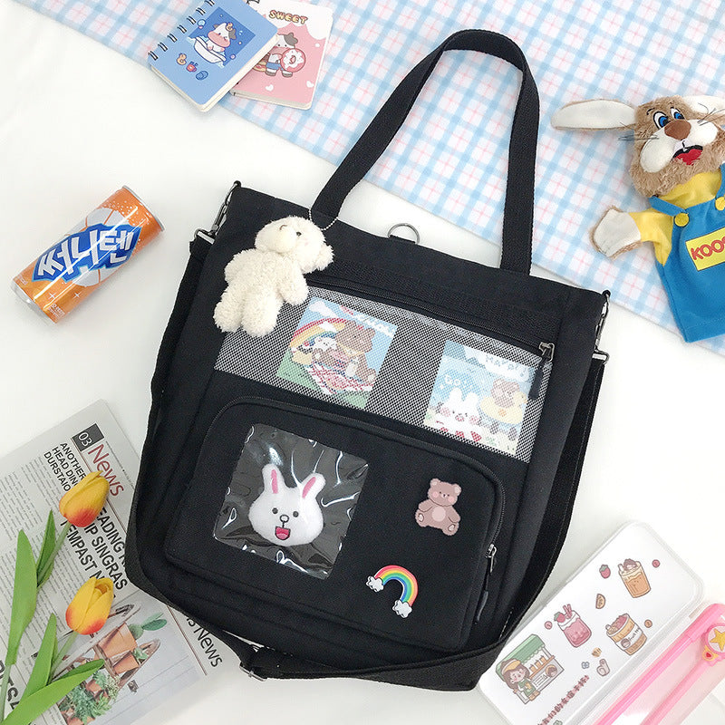 Korean Version Of The Small Fresh Spring Canvas Bag Cute Rabbit Head Pendant Backpack Student Supplementary Bag Large-Capacity Messenger Bag