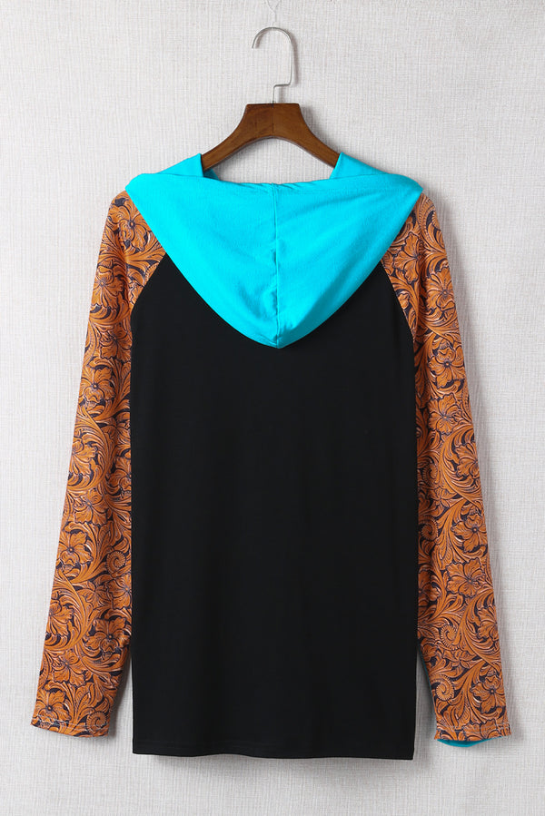 Plus Size Baroque Print Color Block Hoodie