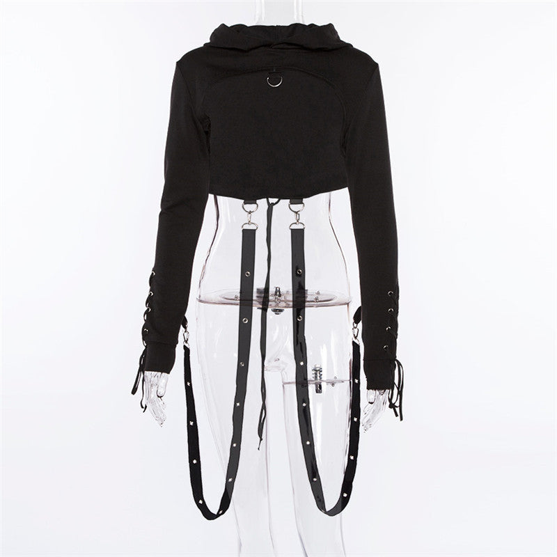 women's new buttonhole bandage hooded long sleeve dark Gothic Halloween sweater #Halloween Custume#