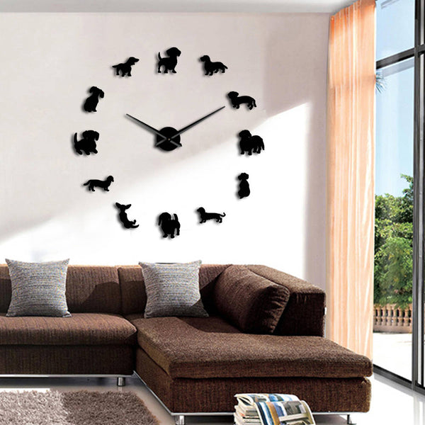 DIY Dachshund Wall Art Wiener-Dog Puppy Dog Pet Frameless Giant Wall Clock With Mirror Effect Sausage Dog Large Clock Wall Watch