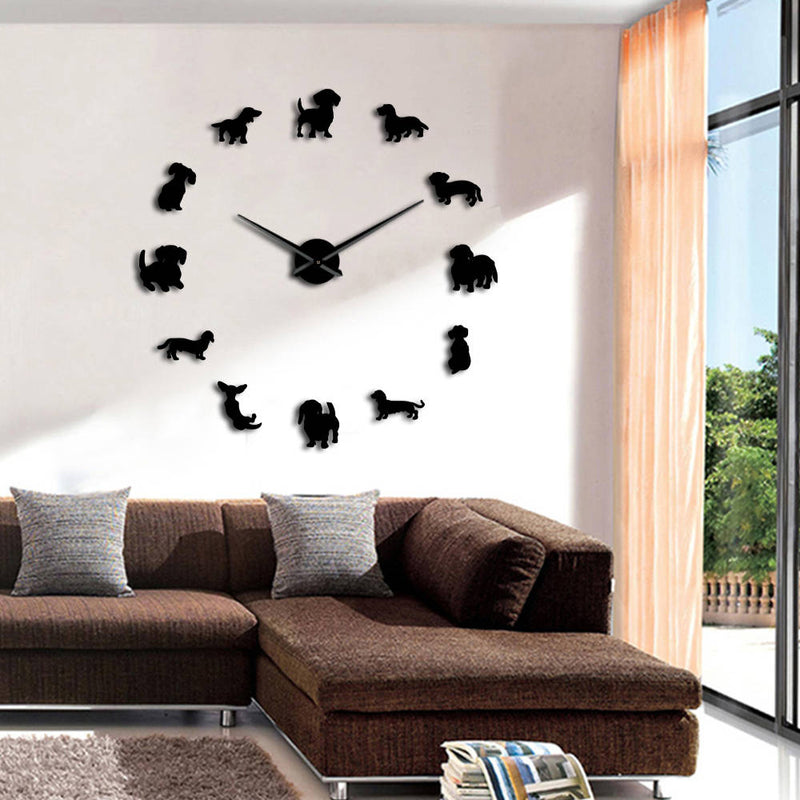 DIY Dachshund Wall Art Wiener-Dog Puppy Dog Pet Frameless Giant Wall Clock With Mirror Effect Sausage Dog Large Clock Wall Watch
