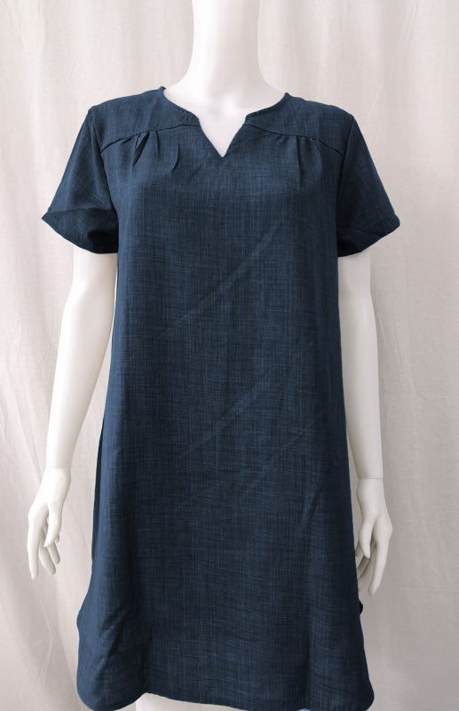 V-Neck Rolled Short Sleeve Gathered Curved Linen Dress