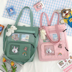 Korean Version Of The Small Fresh Spring Canvas Bag Cute Rabbit Head Pendant Backpack Student Supplementary Bag Large-Capacity Messenger Bag