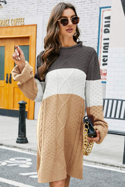 Color Block Mixed Knit Crewneck Sweater Dress