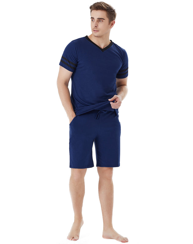 men's solid color short-sleeved shorts 2-bar cotton suit