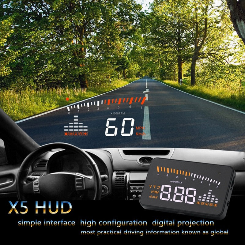 X5 Car HUD Head Up Display OBD II EOBD Automatic Matching Overspeed Warning System Projector Windshield Car Voltage Speed Alarm