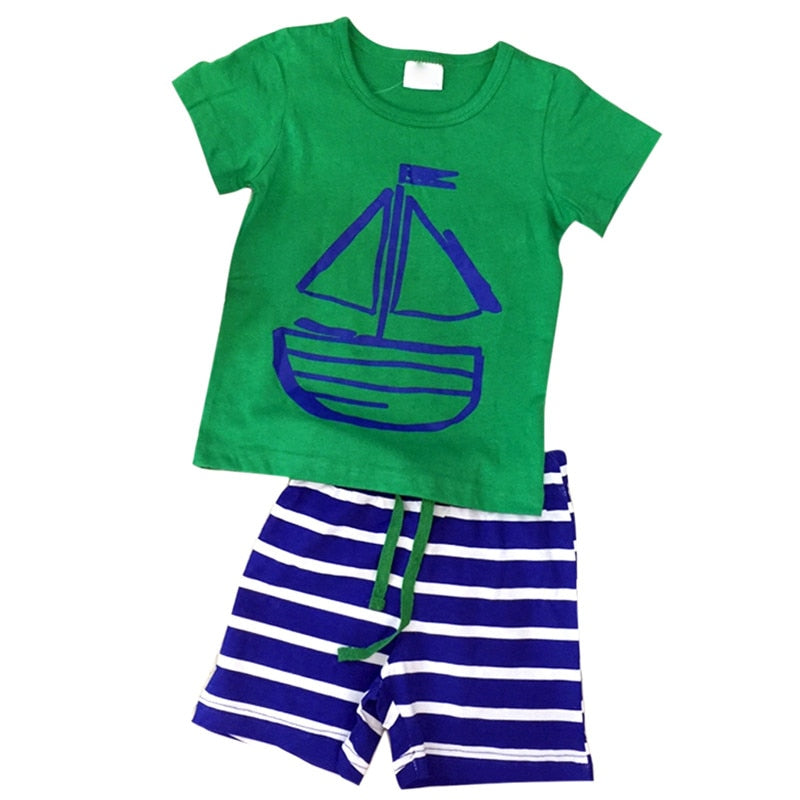2 pcs Baby Boy Clothing Set Summer Cartoon Printed T-Shirt+ Stripe Shorts Baby Boy Clothes