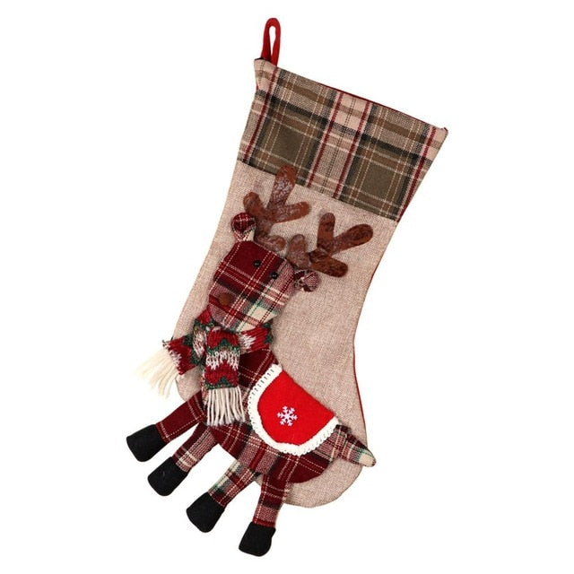 Warm Large Christmas Stocking Santa Claus Sock Plaid Burlap Gift Holder Christmas Tree Decoration New Year Gift Candy Bags