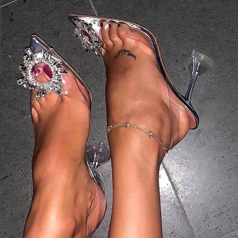 Women Pumps Elegant Pointed Toe Rhinestones High Heels Wedding Shoes Crystal Clear Heeled Slingback Pumps Sandals Sexy Heels