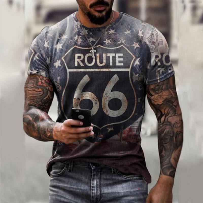 Summer New Men's T-Shirt Oversized Loose Clothes Retro Short Sleeve Fashion US Route 66 Letter Print
