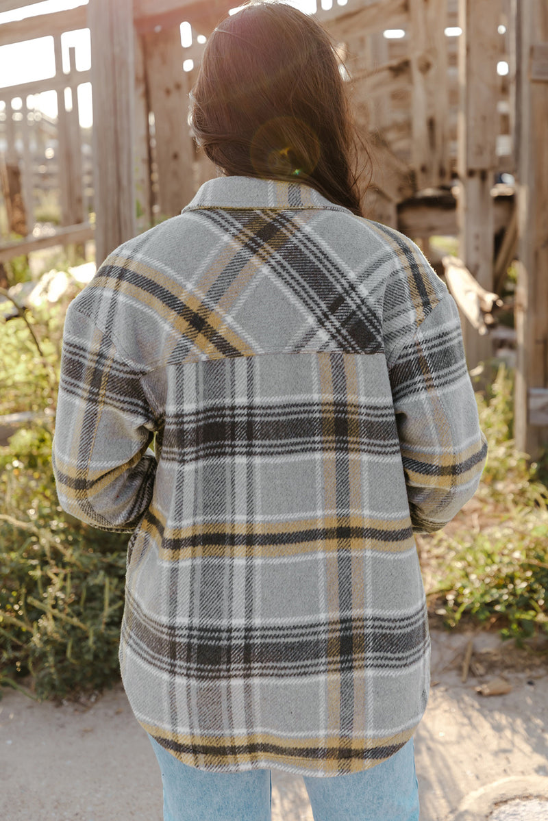 Plaid Button Front Curved Hem Shacket with Pockets