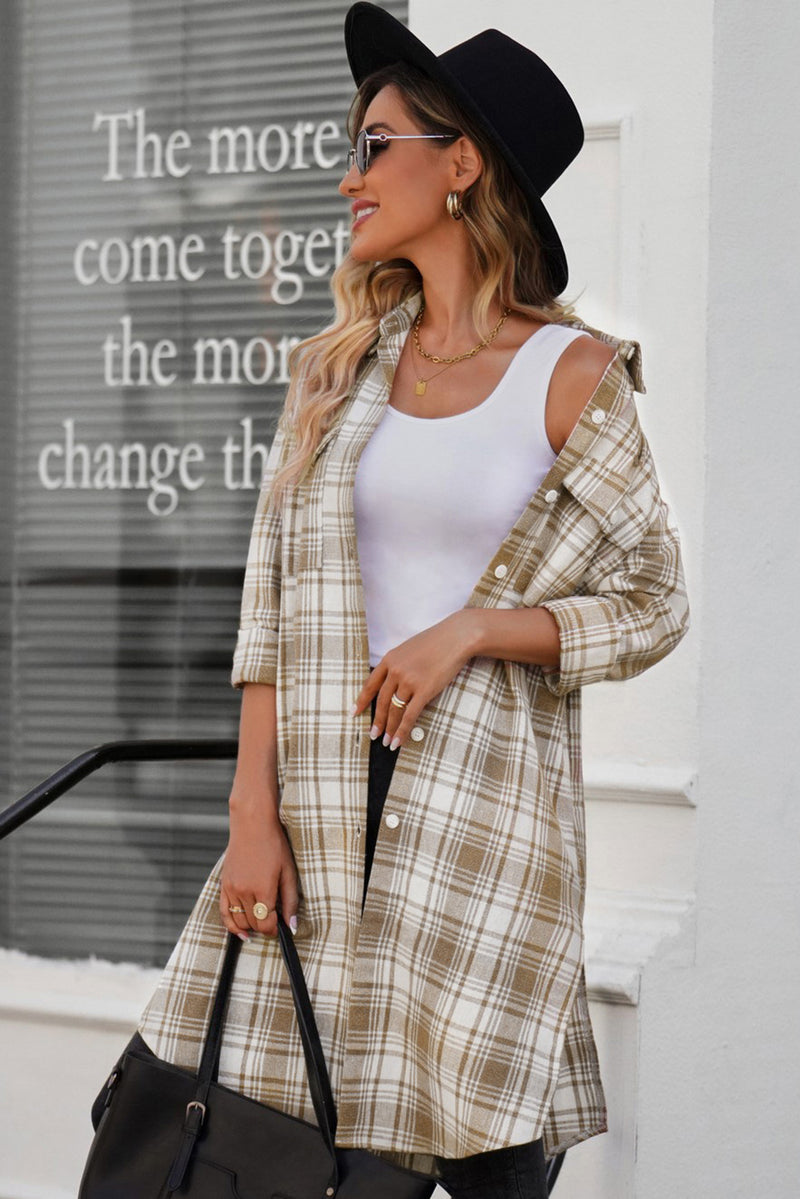 Plaid Button-Up Longline Shacket with Breast Pockets