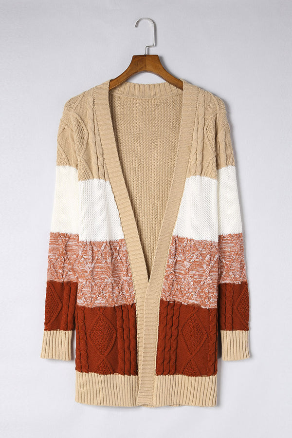 Color Block Mixed Knit Open Front Cardigan