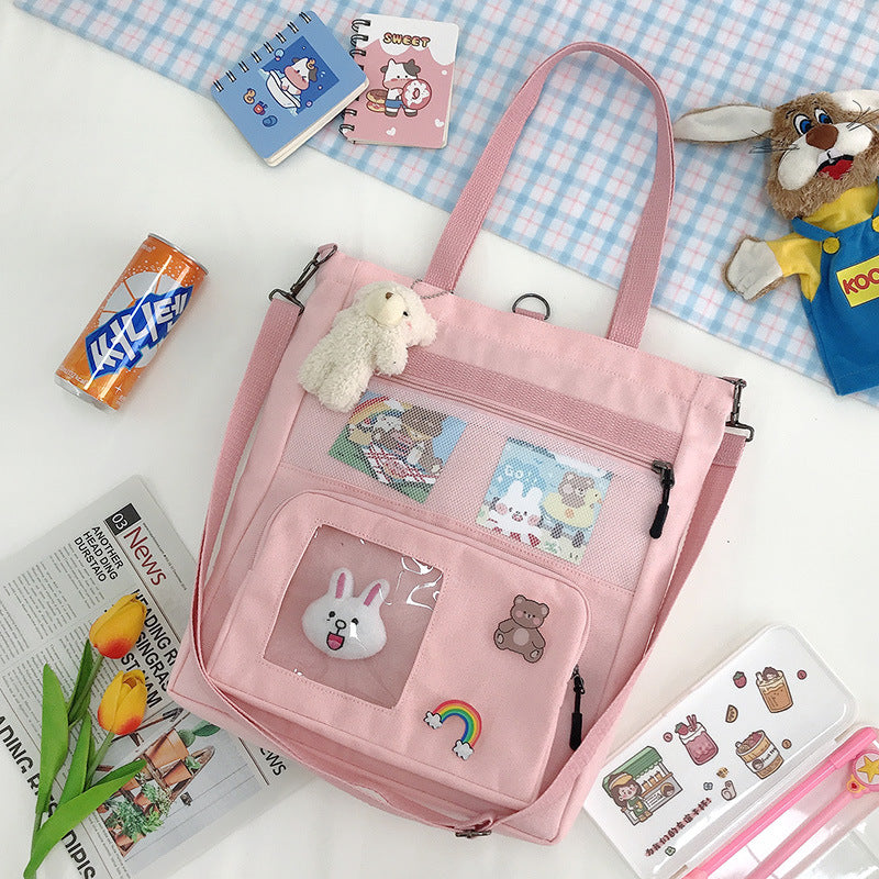 Korean Version Of The Small Fresh Spring Canvas Bag Cute Rabbit Head Pendant Backpack Student Supplementary Bag Large-Capacity Messenger Bag