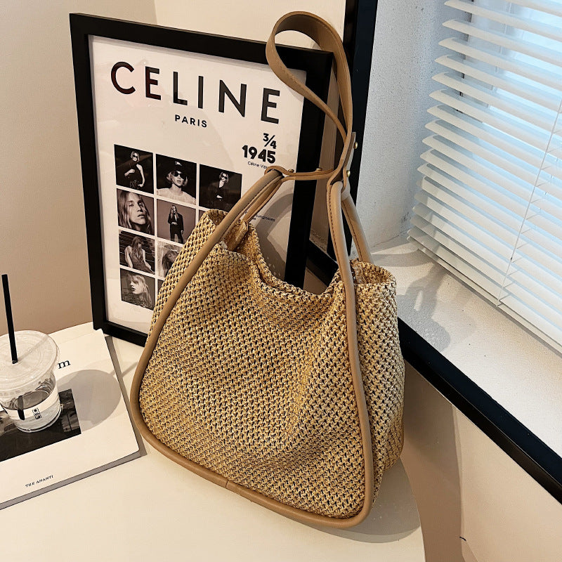 Large Capacity Portable Straw Woven Bag For Women's New Tote Personalized Color Contrast Summer Commuter Bag One Shoulder Woven Bag