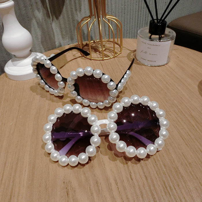 Retro Round Sunglasses Women's Trendy Elegant Pearl Inlaid Sunglasses Net Red Star With UV Protection